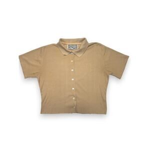 Vintage Bonjour Camel Tan Cropped Ribbed Polo Button Up Size Small